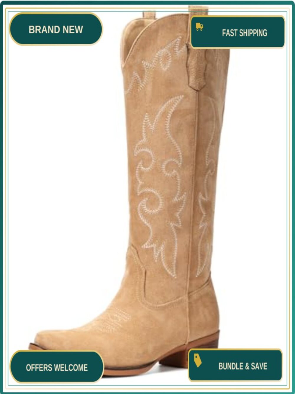 Fioralie Suede Cowboy Boots Women Knee High Western Cowgirl Boots Pointed Toe